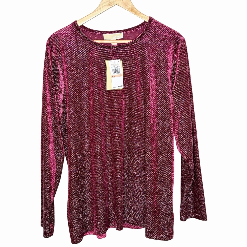 Michael Kors Metallic Velvet Long Sleeve Top Red Womens Size 2X Evening Sparkly